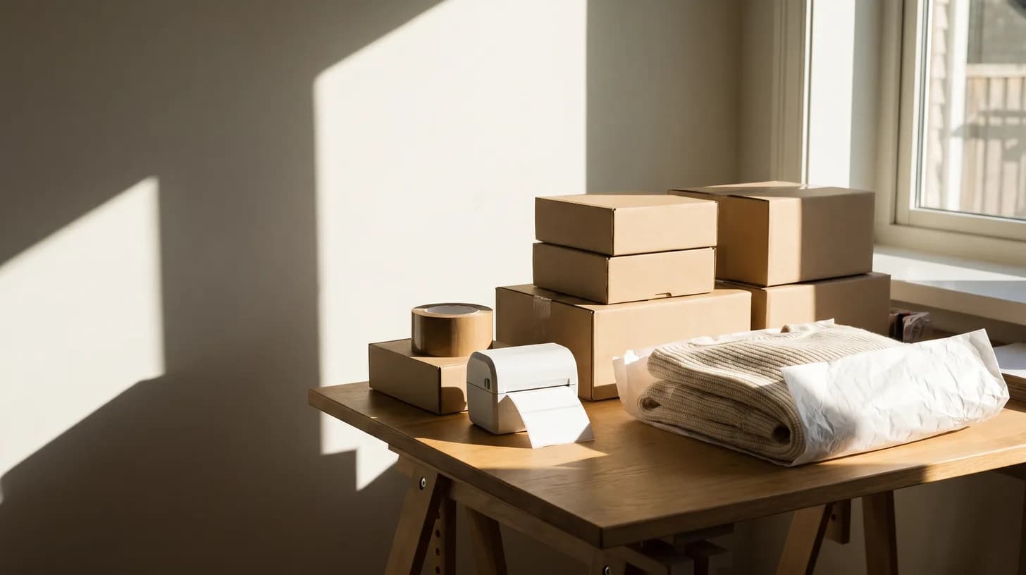 Coin d'atelier d'une petite boutique en ligne, cartons d'expédition et étiquettes en préparation sur un plan de travail