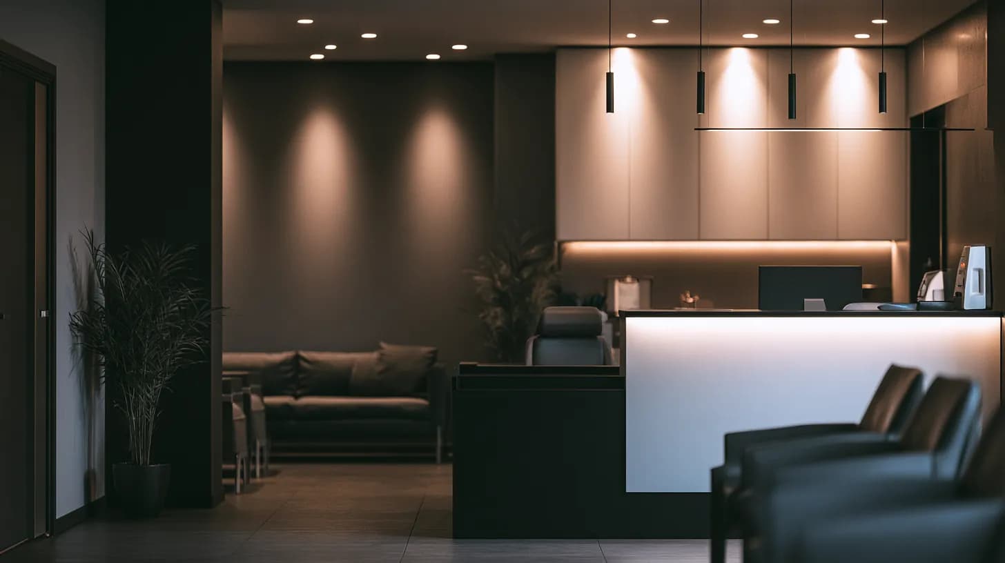 Accueil d'une agence immobilière, comptoir éclairé et espace d'attente vide